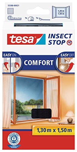 tesa Fliegengitter Comfort für Fenster - beste tesa Qualität - anthrazit, durchsichtig (4er Spar-Pack, 1.30 m x 1.50 m)