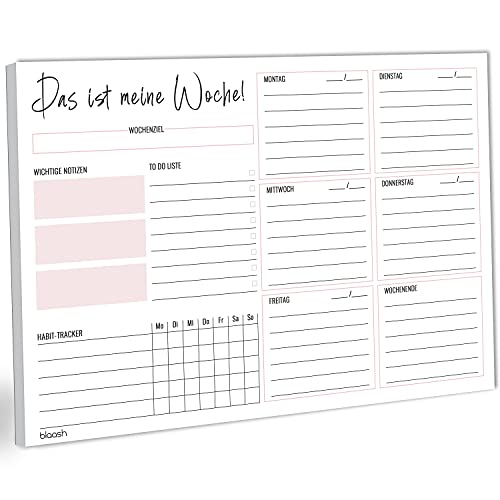 blaash® Wochenplaner Block DIN A4 ohne festes Datum | 50 Seiten Planer mit Wochenübersicht & Habit-Tracker für Termine, Aufgaben& Notizen | Organisation & Motivation im Alltag | Rosa von blaash