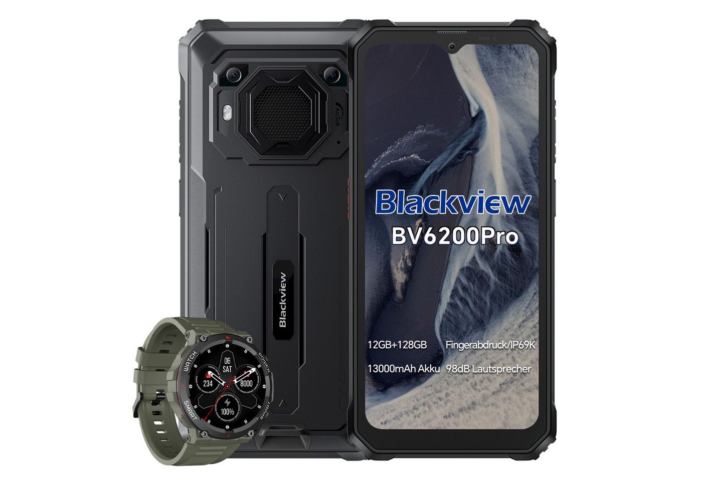 blackview BV6200Pro(6+128) incl. W50 Smartphone (6.56 Zoll, 13 MP Kamera, 13000mAh Akku, 98dB Lautsprecher, Fingerabdruck/NFC/IP69K) von blackview