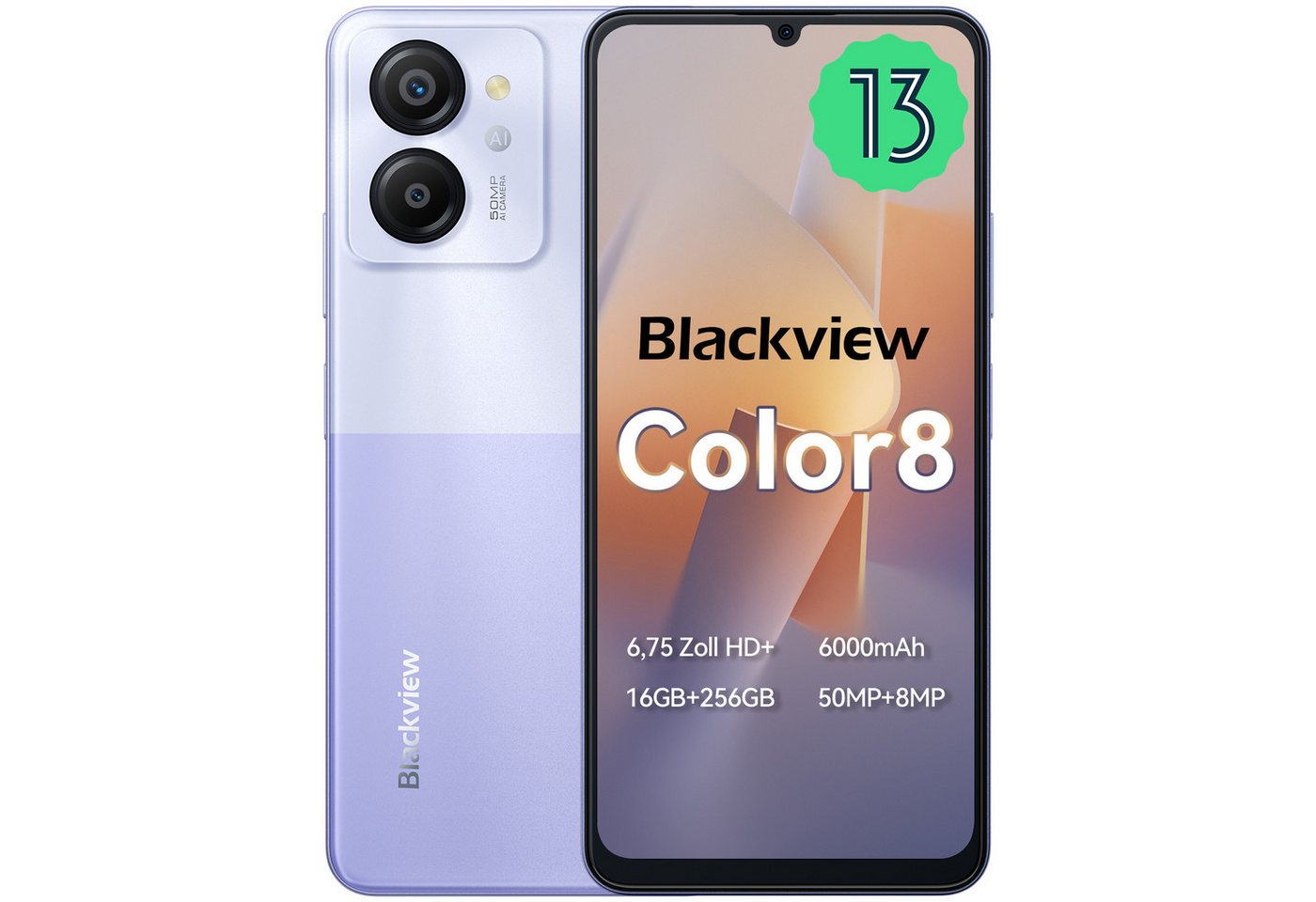 blackview Color8(8+256) Smartphone (6.75 Zoll, 256 GB Speicherplatz, 50 MP Kamera, 6000 mAh, Dual 4G, Face ID) von blackview