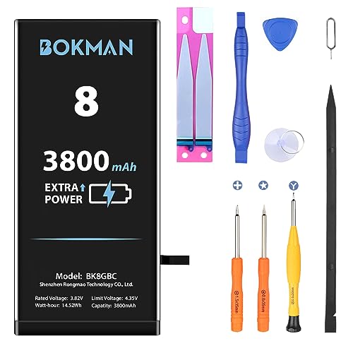bokman Akku für iPhone 8, Hohe Kapazität Li-Ionen-Polymer-Akku 3800 mAh mit Allen Werkzeug-Sets und Klebestreifen von bokman