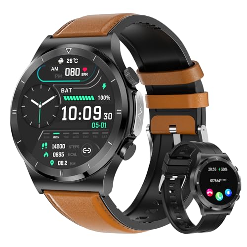 bomow Smartwatch Herren mit Lederband, IP68 Wasserdicht Fitnessuhr, 1,39" HD Touchscreen Militär Uhren Herren, 120+ Sportmodi mit Herzfrequenz, Blutdruck, Schlafüberwachung, SpO2, Bluetooth Anrufe von bomow