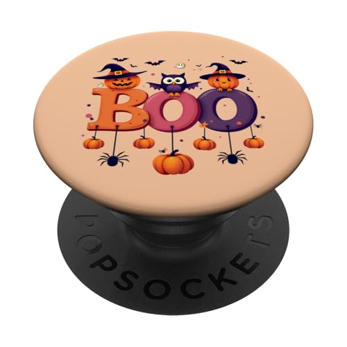 BOO mit Spinnen und Hexenhut Kürbis Fledermaus Eule Halloween Boo PopSockets Klebender PopGrip von boo with spiders & witch hat bat Owl halloween tee