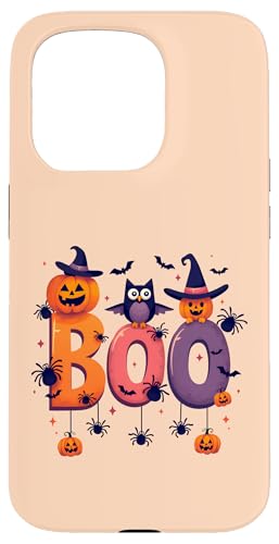 Hülle für iPhone 15 Pro Halloween Boo mit Spinne und Hexenhut Kürbis Fledermaus Eule Kinder von boo with spiders & witch hat bat Owl halloween tee