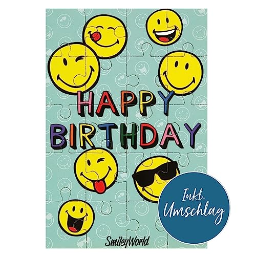 bsb - Puzzle Karte zum Geburtstag 11,5 x 17,0 cm - hochwertige Geburtstagskarte zum Puzzeln mit Umschlag - schöne Geburtstagskarten für Kinder - Glückwunschkarte Happy Birthday mit Smileymotiv von bsb