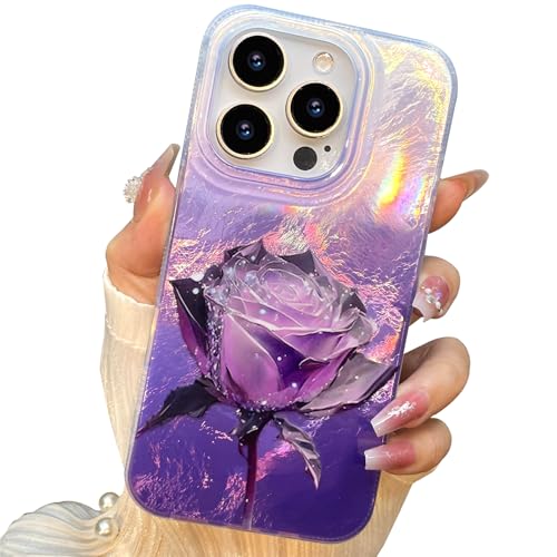 buccilly Kompakte Schutzhülle für iPhone 15 Pro Max, violettes Rosen-Design, niedlich, trendig, weich, dünn, TPU, stoßfest, für Damen und Mädchen, ästhetischer Glitzer, luxuriöses Blumenmuster von buccilly