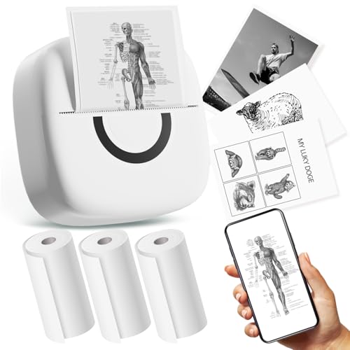 cabaro Mini Drucker Aufkleber Drucker Fotodrucker mit 3 Rollen Bluetooth Thermodrucker für Lernen, Studiennotizen, Anatomische Diagramme, Fotos von cabaro