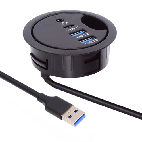 Cablecc 2 Port USB 3.0 Hub SD TF USB-C USB Splitter 60 mm Schreibtischtülle Dockstation Micro-SD Kartenleser für Desktop-PC (USB 3.0 + USB-C+SD/TF) von cablecc