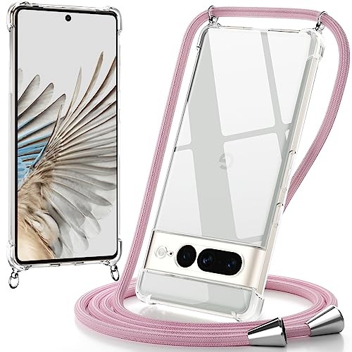 caslord Handykette Handyhülle mit Band für Google Pixel 7 Pro 6.7'', Handyband zum Umhängen Handy Umhängeband TPU Handyhülle mit Kette, Roségold von caslord