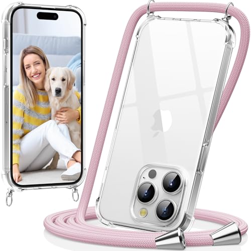 caslord Handykette kompatibel mit iPhone 15 Pro Max, Necklace Hülle mit Bands Handyhülle für zum Umhängen, Transparent Case mit Handykordel,Stoßfeste Schutzhülle zum Umhängen Kordel,Roségold von caslord