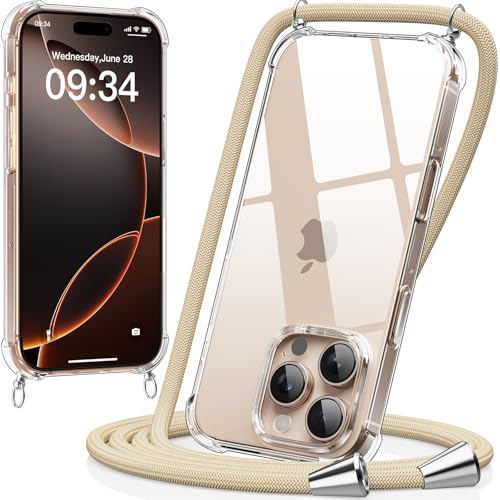 caslord Handykette kompatibel mit iPhone 16 Pro, Necklace Hülle mit Bands Handyhülle für zum Umhängen, Transparent Case mit Handykordel,Stoßfeste Schutzhülle zum Umhängen Kordel,Golden von caslord