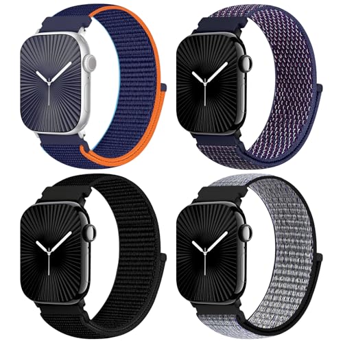 4 Stück Sport Nylon Armband kompatibel mit Apple Watch Armband 38mm 40mm 41mm 42mm 44mm 45mm 46mm 49mm für Damen Herren,Stoff Ersatz Solo Loop Armband für iWatch Serie 10 9 Ultra 8 7 6 5 4 3 2 1 SE von chinbersky