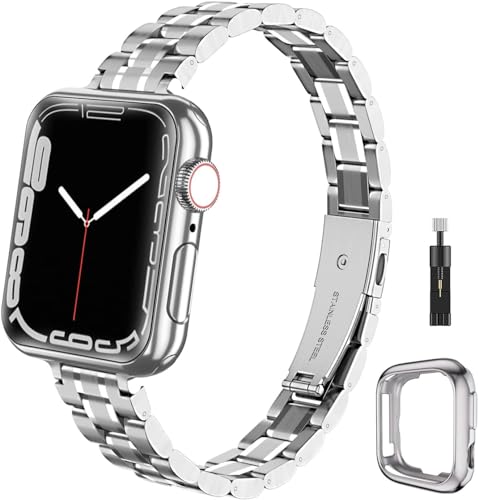 chuangshiji Armband Kompatibel mit Apple Watch 42mm 44mm 45mm Einstellbar Metall Ersatz für iWatch 9 8 7 6 5 4 3 2 1 SE Series, Edelstahl Armband für Apple Watch Band Apfelband Damen, Silber von chuangshiji