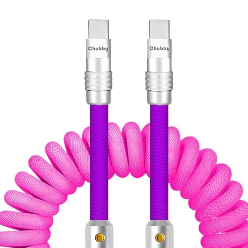 chubbycable Curly Chubby – Feder-Ladekabel, dehnbares Spiralkabel für Auto, USB-Typ-C-Ladekabel, kurzes einziehbares CarPlay-Kabel, Rosa und Lila, Typ-C auf Typ-C, 7,6 m - 9 m von chubbycable