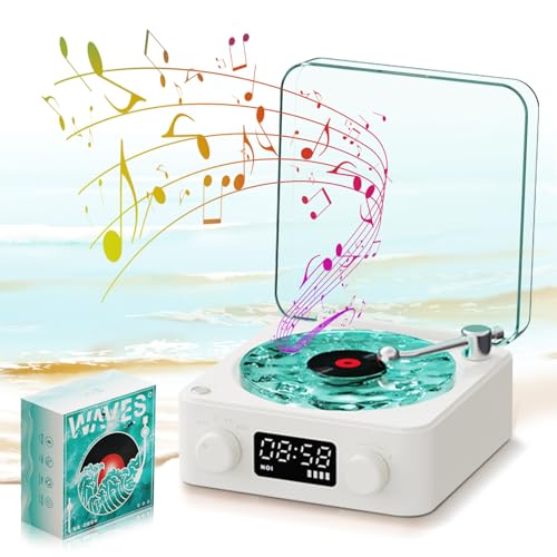 Der Waves Vinylspieler, tragbarer Waves Vinyl Lautsprecher mit RGB-Umgebungsbeleuchtung, 5W 1500mAh Vinyl Schallplattenspieler Retro mit weißem Rauschen, Bluetooth, TF, AUX-Modus (Hellgrün) von cimsfcor