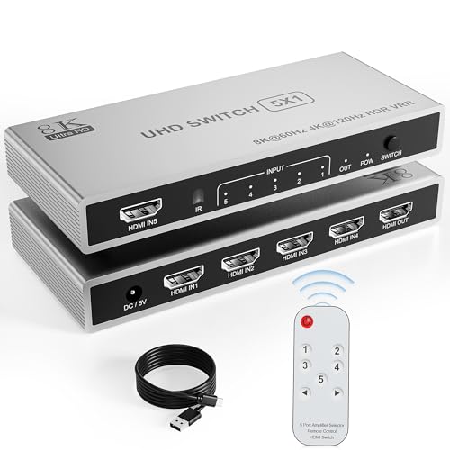 HDMI Switch HDMI Splitter 8K 60Hz/4K 120Hz, Aluminium HDMI 2.1 Umschalter 5 in 1 Out HDMI Verteiler mit IR Fernbedienung, HDMI Switcher Unterstützt 3D HDR10 HDCP2.3 VRR 48Gbps für TV PS5 Xbox Blu-Ray von clickfish