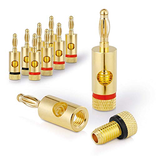 conecto Bananenstecker Lautsprecher-Anschlussstecker Premium (8er-Set) für alle Lautsprecherkabel mit einem Durchmesser von max. 6mm², 8 Stück mit Farbcodierung (4X rot, 4X schwarz), 24k vergoldet von conecto