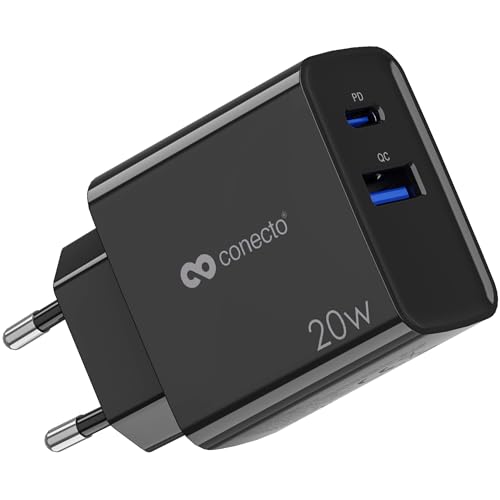 conecto USB C Ladegerät, 2 Port Mehrfach Adapter, Netzteil 20 Watt Schnellladegerät kompatibel mit Apple iPhone 15, Samsung, Tablet, Laptop UVM, PD QC Charger, Schwarz von conecto