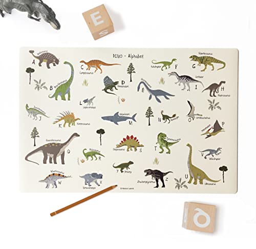 Schreibtischunterlage abwaschbar "Dino ABC" aus hochwertigem Vinyl (BPA-freier Kunststoff), 60 x 40 cm, Made in Germany von coveryourdesk www.cover-your-desk.de