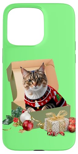 Hülle für iPhone 15 Pro Max Lustiger Cat in Box hässlicher Weihnachtspullover Kitty Cat von cranberrysky retro