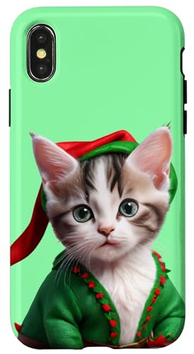 Hülle für iPhone X/XS Niedlicher lustiger Kätzchen-Weihnachtspullover Elf Kitty Katze von cranberrysky retro