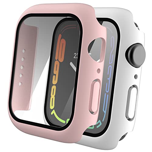 2er-Pack Matte Schutzhülle für Apple Watch 7, Displayschutzfolie 45 mm, 41 mm, Upgrade-Schutzhülle, integrierter HD-gehärtetes Glas, Harter Stoßfänger für Serie 7, Displayschutzfolie 41 mm (weiß + von db11