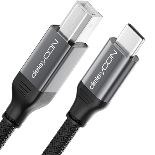 deleyCON 1,5m USB C Druckerkabel (für Drucker, Scanner, MIDI) USB-C auf USB-B Kabel Geflochten + Metallstecker für Epson HP Samsung Canon Brother iPhone 16 15 Notebook Tablet PC MacBook von deleyCON