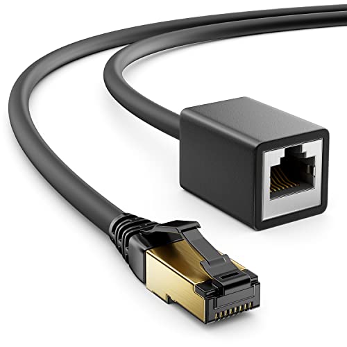 deleyCON 10m CAT8.1 RJ45 Verlängerung Patchkabel Netzwerkkabel 40 GBit/s 2000 MHz S/FTP Kupfer PiMF 1x RJ45 Stecker 1x RJ45 Buchse für Ethernet LAN Gaming Streaming - Schwarz von deleyCON