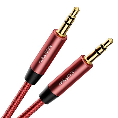 deleyCON 1m Nylon 3,5mm Klinke Audio Stereo AUX Kabel Klinkenkabel Audiokabel Nylonkabel Metallstecker Handy Smartphone Tablet Kopfhörer HiFi Receiver - Rot/Rosa von deleyCON