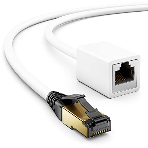 deleyCON 2m CAT8.1 RJ45 Verlängerung Patchkabel Netzwerkkabel 40 GBit/s 2000 MHz S/FTP Kupfer PiMF 1x RJ45 Stecker 1x RJ45 Buchse für Ethernet LAN Gaming Streaming - Weiß von deleyCON