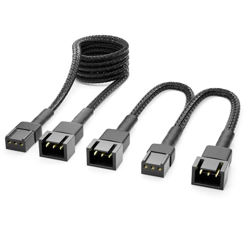 deleyCON 3-Pin Lüfter Kabel Set Verlängerungskabel - 90 cm Verlängerungskabel + 15 cm Y-Kabel Nylonkabel Plug & Play für PC Computer Workstation Schwarz von deleyCON