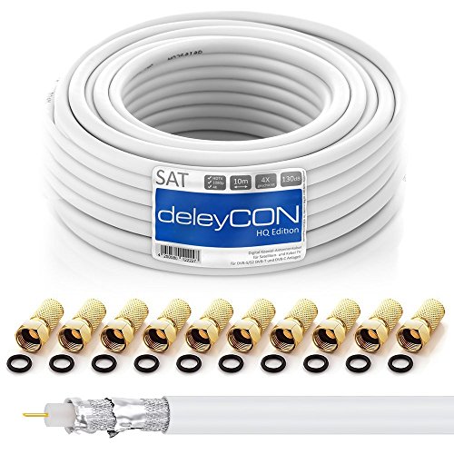 deleyCON HQ 10m SAT Koaxial Kabel 130dB - 4-fach geschirmt für DVB-S - S2 DVB-T und DVB-C - Stahl/Kupfer Innenleiter - 4K 1080p FULL HD HDTV - inkl. 10x vergoldete F-Stecker von deleyCON