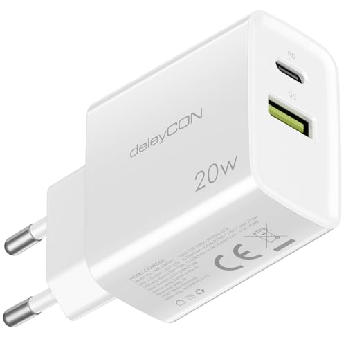 deleyCON Ladegerät USB A und C (2 Port - 20W Schnellladegerät) USB Netzteil für iPhone 16/15/14/13/12/11 iPad Galaxy S24/S23 Pixel Handy PD 3.0 Charger - Weiß von deleyCON