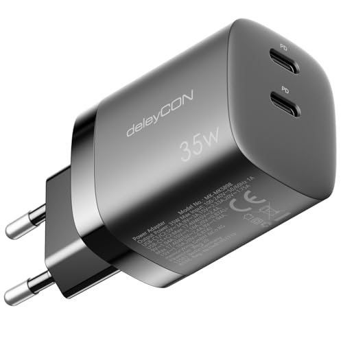 deleyCON Ladegerät USB C (2 Port - 35W Schnellladegerät) USB-C Netzteil für iPhone 16/15/14/13/12/11 iPad Galaxy S24/S23 Pixel Handy PD 3.0 Charger - Schwarz von deleyCON