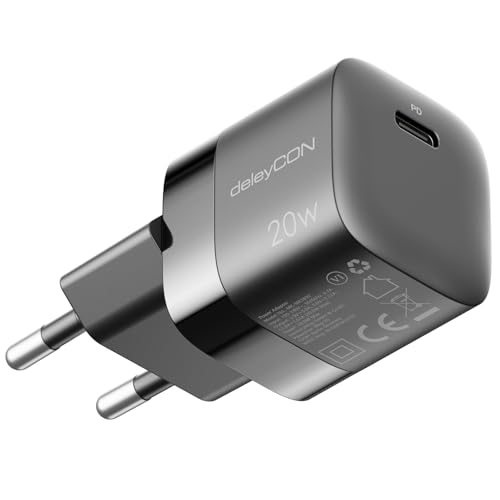 deleyCON USB C Ladegerät (Kompaktes 20W Schnellladegerät) USB-C Netzteil für iPhone 16, 15, Pro, Pro Max, iPad, AirPods 4, Airpods Max, Watch, Galaxy S24/S23, Pixel, Handy, PD 3.0 Charger - Schwarz von deleyCON