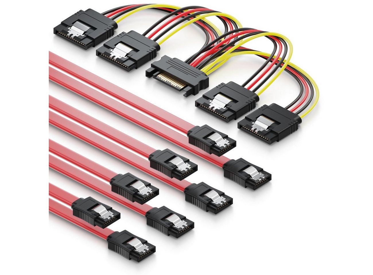 deleyCON deleyCON SATA Kabel Set 4x SATA III Kabel mit Stecker gerade + Strom Computer-Kabel von deleyCON