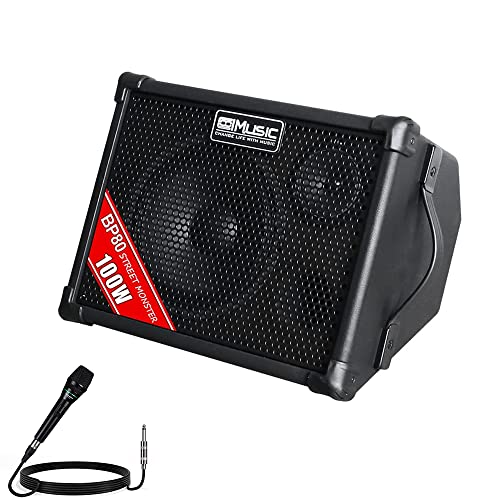 BP80 Batteriebetriebener Akustikgitarren-Verstärker, tragbarer Bluetooth-Lautsprecher, 100 W, 6 Eingänge, 3-Band-EQ, Schwarz von dellersound