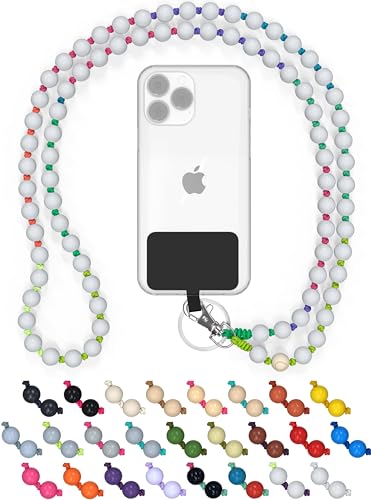 DROPLETSY Holzperlen Handykette universal, Schlüsselband, Kette, Necklace zum Umhängen - kompatibel mit allen Smartphones: Apple iPhone 14,13,12,11,X,XS,SE Samsung Galaxy (ohne Hülle, WhiteRainbow) von drop letsy