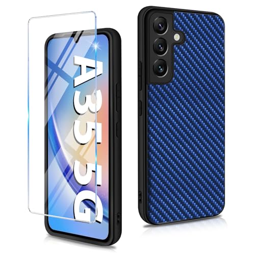 Handyhülle für Samsung Galaxy A35 Hülle 5G mit Galaxy A35 Schutzfolie, Ultra Dünn Slim PU+PC+TPU Carbon Fiber Textur Handytasche Case Cover Stoßfest Schutzhülle für Samsung A35 5G Handy (Blau) von duomigesz