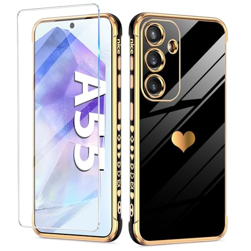 Handyhülle für Samsung Galaxy A55 Hülle mit A55 Schutzfolie, Cute Herz Muster Weich Silikon Galvanik Galaxy A55 Handytasche Case, Kameraschutz Stoßfest Schutzhülle für Samsung A55 5G Handy (Schwarz) von duomigesz