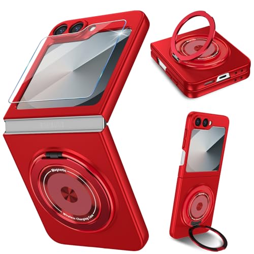 Handyhülle für Samsung Galaxy Z Flip 6 Hülle mit Schutzfolie, 360 Grad Magnetisch Metall Ring Ständer Matt PC Galaxy Z Flip 6 Handytasche Case Stoßfest Schutzhülle für Samsung Galaxy Z Flip6 (Rot) von duomigesz