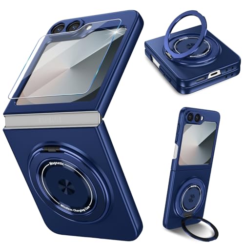 Handyhülle für Samsung Galaxy Z Flip 6 Hülle mit Schutzfolie, 360 Grad Magnetisch Metall Ring Ständer Matt PC Galaxy Z Flip 6 Handytasche Case Stoßfest Schutzhülle für Samsung Galaxy Z Flip6 (Blau) von duomigesz