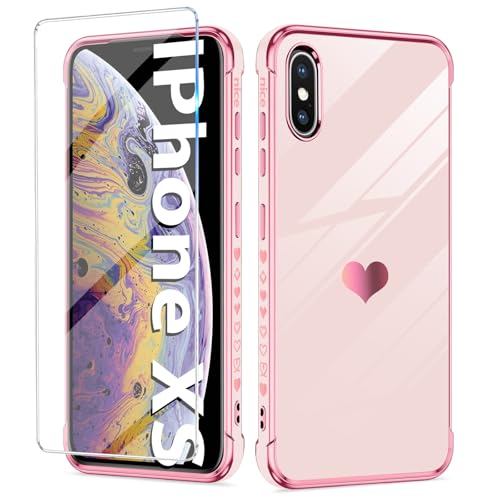 Handyhülle für iPhone X/XS Hülle mit iPhone XS Schutzfolie, Cute Herz Muster Weich Silikon Galvanik für iPhone X Handytasche Case, Kameraschutz Stoßfest Schutzhülle für iPhone XS/X Handy (Rosa) von duomigesz