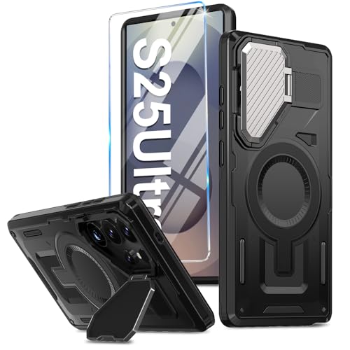 mit Mag-Safe Handyhülle für Samsung Galaxy S25 Ultra Hülle mit Schutzfolie, Magnetische S25 Ultra Handytasche Case Outdoor Kameraschutz Kickstand Stoßfeste Schutzhülle für Samsung S25 Ultra (Schwarz) von duomigesz