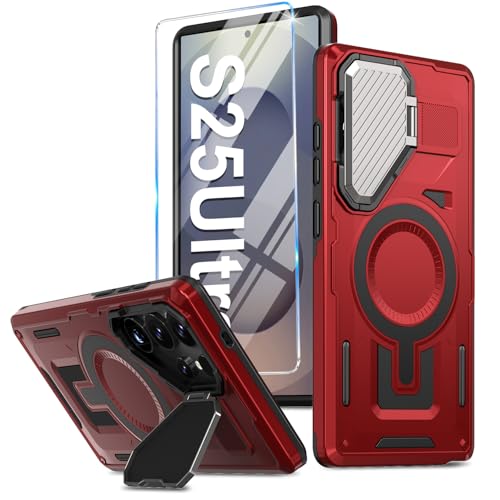 mit Mag-Safe Handyhülle für Samsung Galaxy S25 Ultra Hülle mit Schutzfolie, Magnetische S25 Ultra Handytasche Case Outdoor Kameraschutz Kickstand Stoßfeste Schutzhülle für Samsung S25 Ultra (Rot) von duomigesz