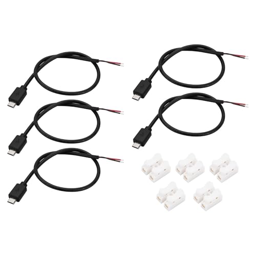 eMagTech 5 Sets Micro-USB-Stecker 2-adrig Offenes Ende Pigtail-Kabel mit Klemmenblöcken für Ersatz Reparatur DIY-Kabel 30 cm Schwarz 22 AWG 5 V 3 A von eMagTech