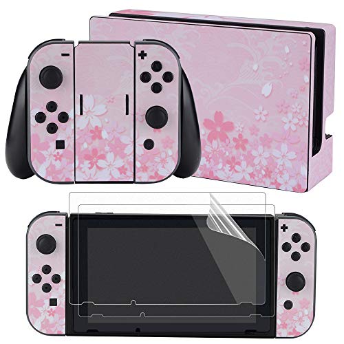 eXtremeRate Aufkleber Sticker Skin Decal Folie Abziehbild Faceplates Kleberfolie mit 2 Displayschutzfolie für Nintendo Switch/NS Konsole&Joy-Con&Dock&Griff(Sakura) von eXtremeRate