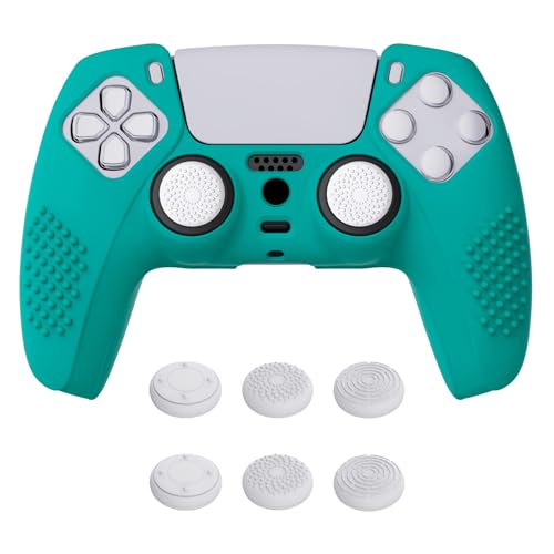 eXtremeRate PlayVital Hülle für ps5 Controller,Case Anti-Rutsch Schutzhülle Griffe Skin aus weichem Gummi,6 Stück Stick Aufsätze für PS5 Controller(3D Noppen Edition,Hellgrün) von eXtremeRate