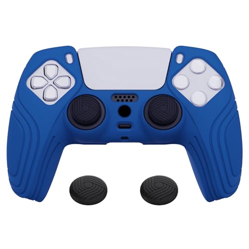 eXtremeRate PlayVital Hülle für ps5 Controller,Case Anti-Rutsche Schutzhülle Griffe Silikonhülle,2 Stück weiße Stick Aufsätze für ps5 Controller(Samurai Edition,Azurblau) von eXtremeRate