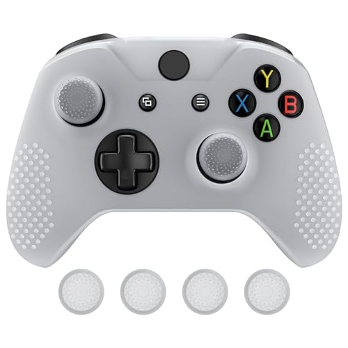 eXtremeRate PlayVital Silikon Schutzhülle Case für Xbox One S/X Controller, Anti-Rutsch Gummi Hülle & 4 Thumbstick Sticks Kappen Aufsätze für Xbox One S/X Controller-Weiß von eXtremeRate